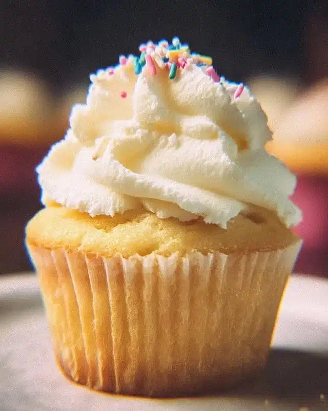 Perfect Vanilla Cupcakes topped with creamy frosting on a decorative platter