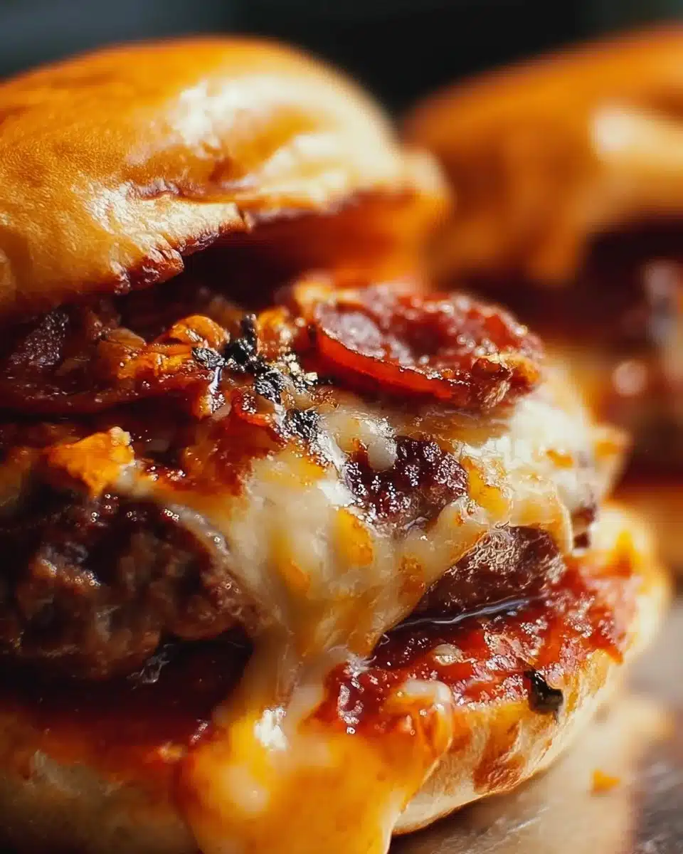 Pizza Burgers 4 Delicious pizza burger topped with cheese and pepperoni on a plate