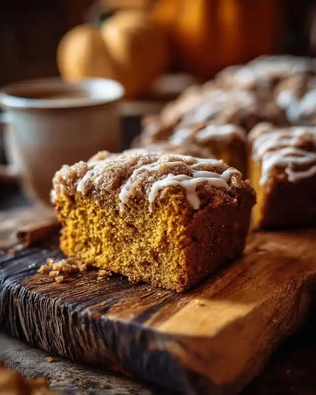 Delicious Pumpkin Coffee Cake topped with a sprinkle of cinnamon and walnuts