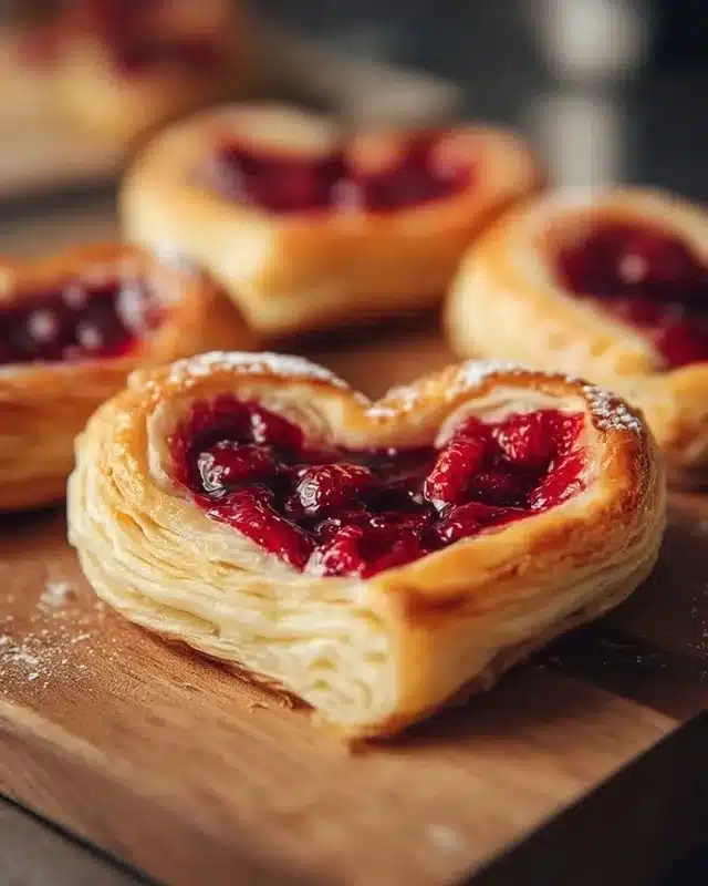 Raspberry Heart Danishes 3 Freshly baked Raspberry Heart Danishes with a sweet filling and flaky crust.