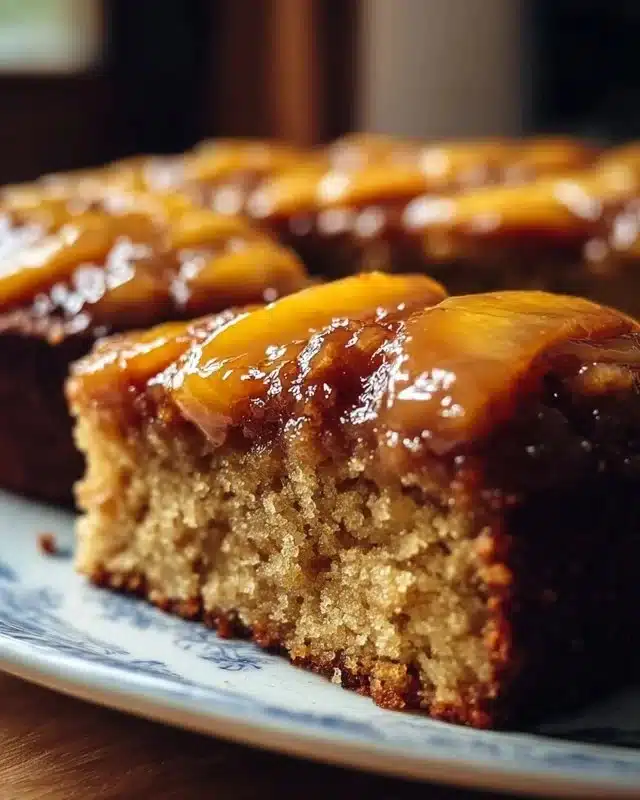 Rich brown sugar peach cake with buttery caramel icing on a decorative plate