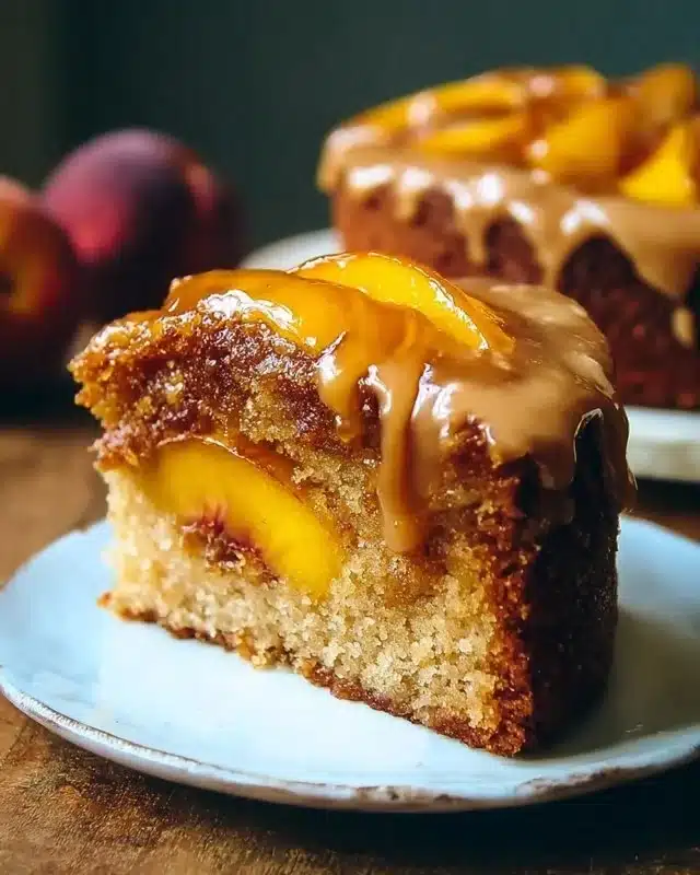 Rich Brown Sugar Peach Cake With Buttery Caramel Icing