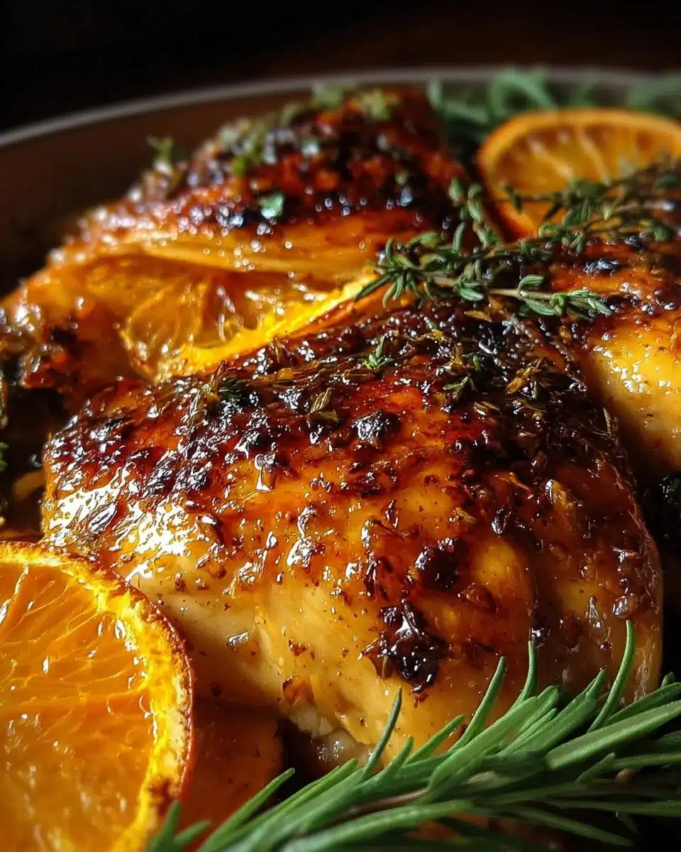 Roasted Orange Chicken 2 Roasted orange chicken garnished with colorful herbs and served on a plate