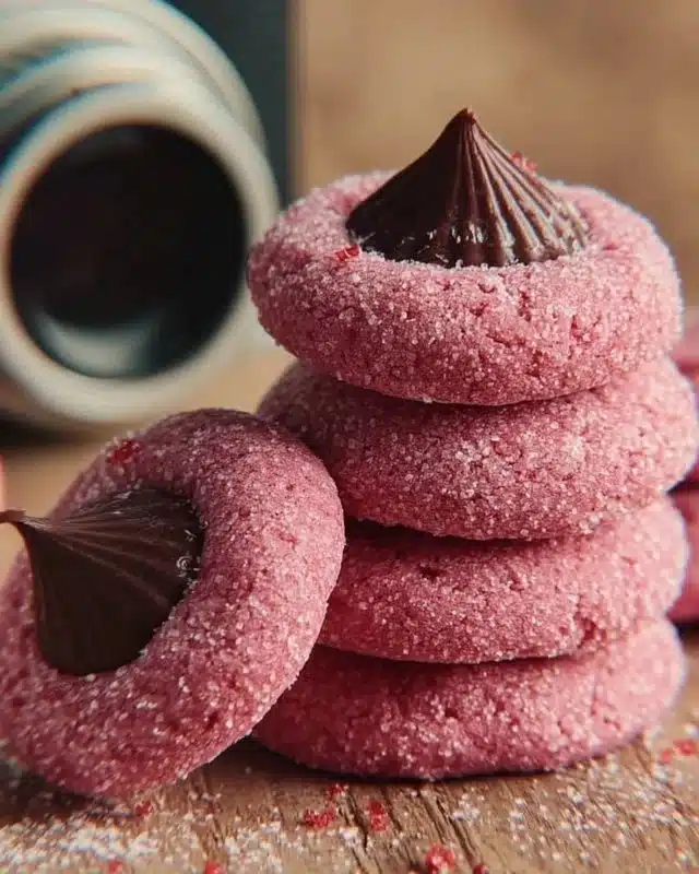 Freshly baked Strawberry Kiss Cookies on a plate adorned with strawberries