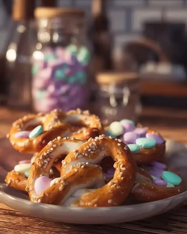 Sweet Easter Pretzels decorated with colorful sprinkles for a festive look