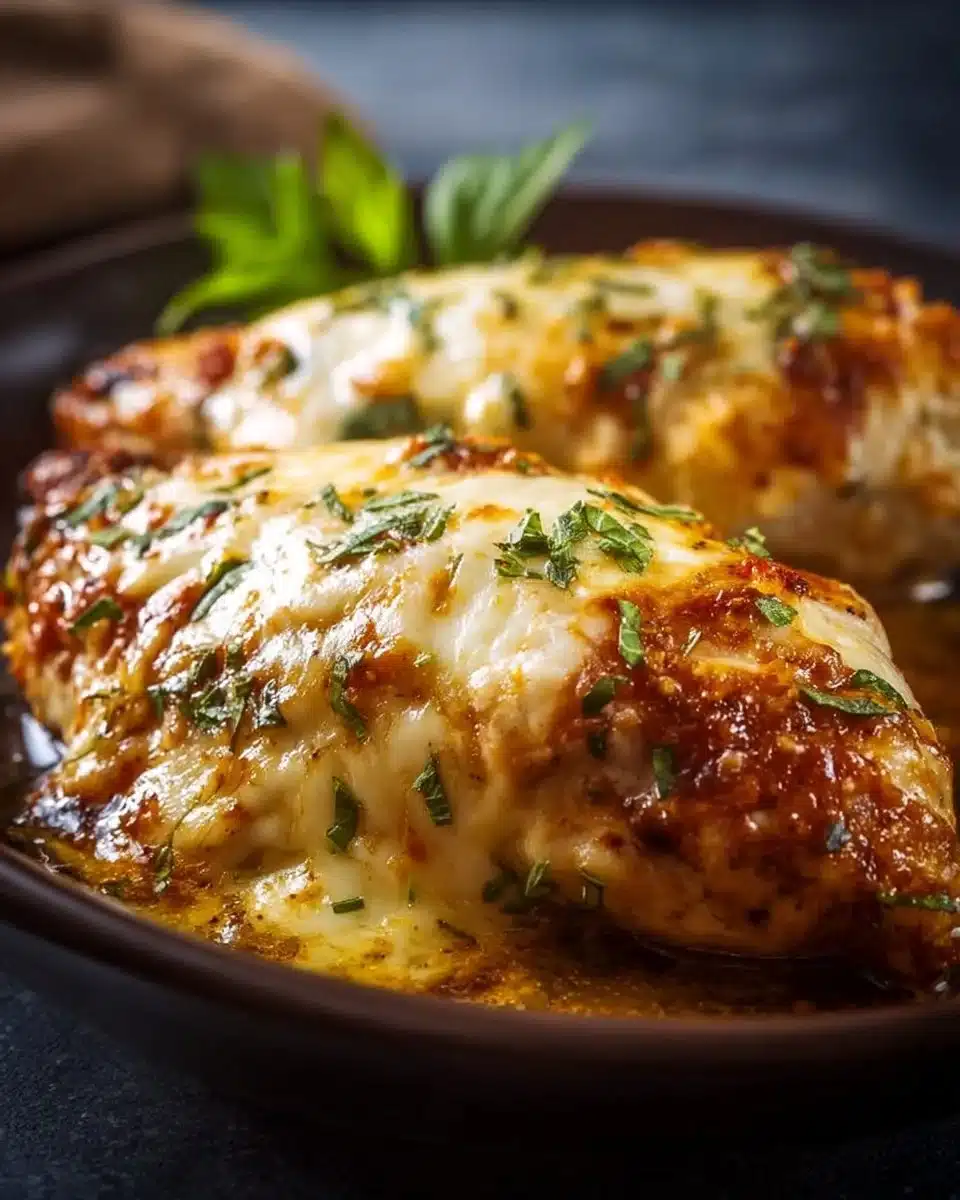 Tender Slow Cooker Cheesy Mozzarella Chicken Comfort Meal 3 Tender slow cooker cheesy mozzarella chicken served with herbs and spices.
