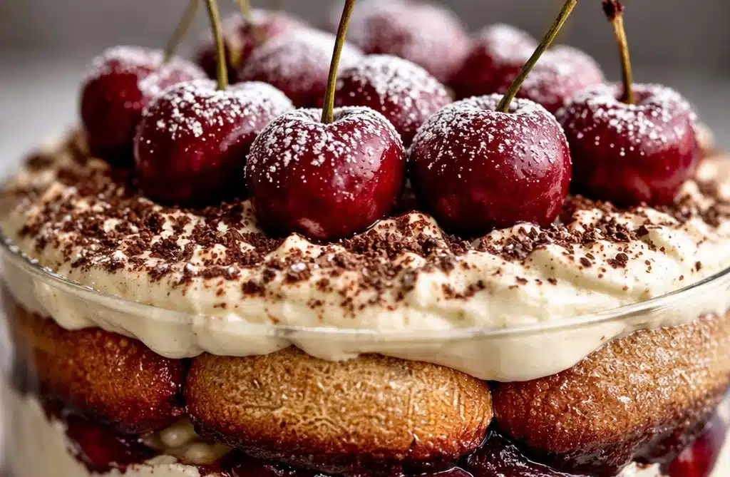 Cherry Amaretto Tiramisu 3 Delicious Cherry Amaretto Tiramisu served in a glass with cherries on top