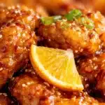 Bowl of Crispy Orange Chicken with vibrant orange sauce and garnishes