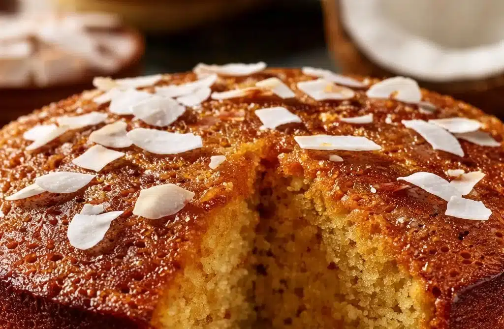 Delicious Jamaican Coconut Rum Cake served with coconut flakes and rum glaze.