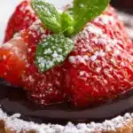 Mini strawberry chocolate tartlets topped with fresh strawberries and chocolate drizzle