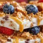 Delicious peanut butter yogurt bark topped with nuts and chocolate chips.