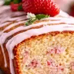 Delicious Strawberry Milkshake Pound Cake topped with fresh strawberries.