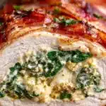 Stuffed chicken breast wrapped in crispy bacon, garnished with herbs.