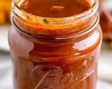 Homemade BBQ sauce in a jar with ingredients around it