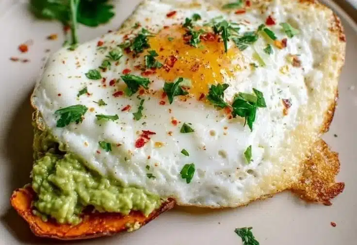 Avocado and Egg on Sweet Potato Toast Recipe 2 Avocado egg toast served on sweet potato slice topped with herbs