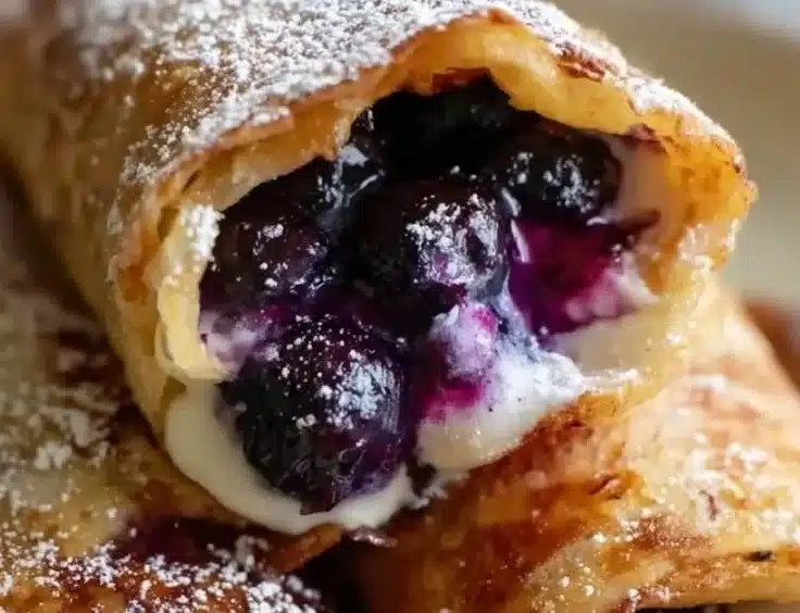 Blueberry and Cream Cheese Egg Rolls 3 Blueberry and cream cheese egg rolls arranged on a plate