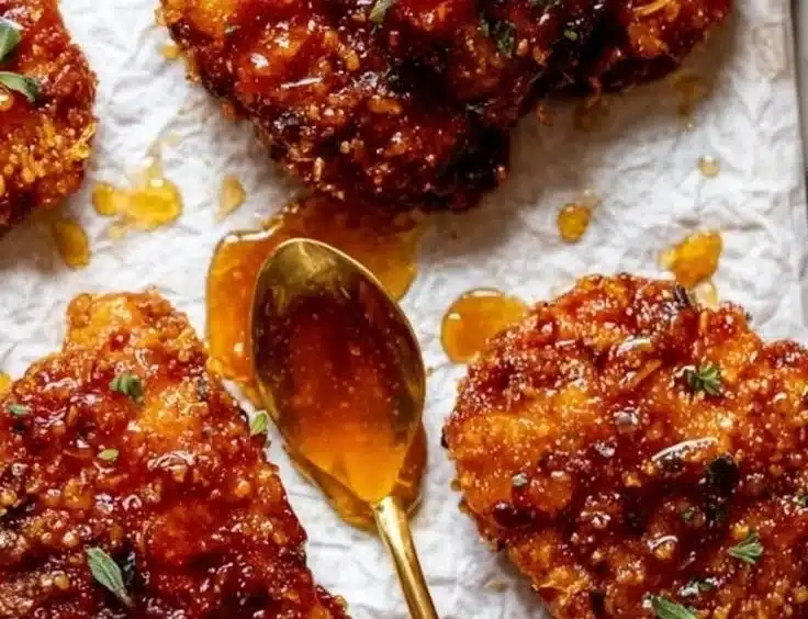 Crispy Baked Chicken with Hot Honey 3 Crispy Baked Chicken drizzled with Hot Honey, served on a plate