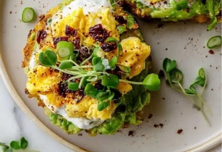 Crispy Hashbrown Avocado Toast 2 Crispy hashbrown avocado toast topped with fresh ingredients on a rustic plate