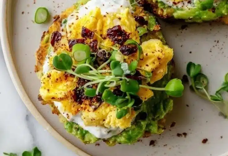 Crispy Hashbrown Avocado Toast Recipe 2 Crispy hashbrown avocado toast topped with fresh herbs and spices