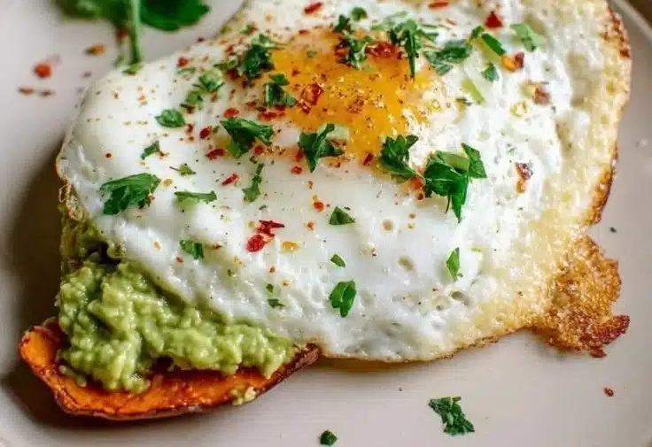 Easy Avocado Egg on Sweet Potato Toast 2 Delicious avocado egg served on sweet potato toast for a healthy breakfast.