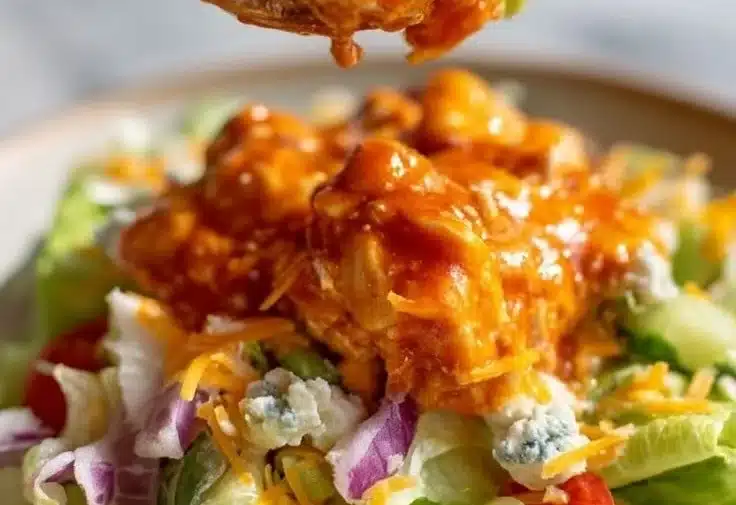 Honey-Glazed Hot Chicken Salad 2 A bowl of honey-glazed hot chicken salad with fresh vegetables and toppings.