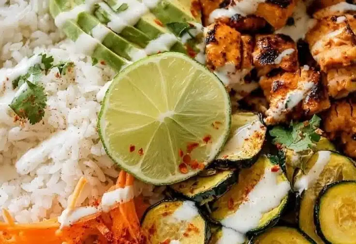Delicious honey-glazed spicy chicken bowls with colorful vegetables and rice.
