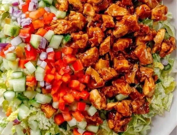 Honey-Glazed Spicy Chicken Salad Bowl 3 Honey-glazed spicy chicken salad bowl with fresh vegetables and dressing
