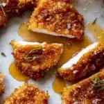 Hot Honey Baked Chicken glistening with a sweet and spicy glaze