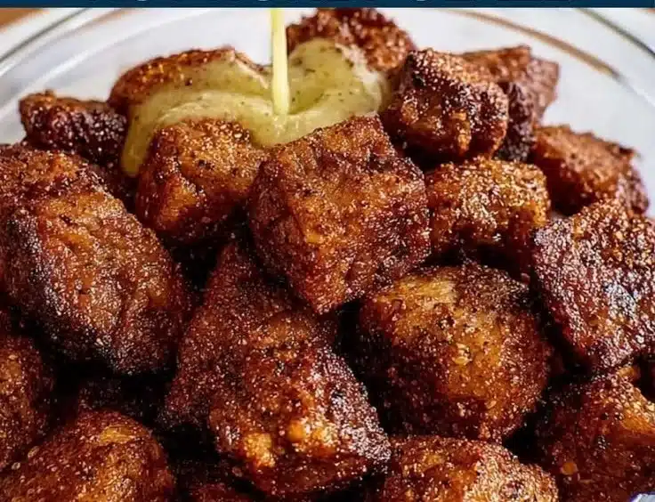 Hot Honey Salmon Bites 3 Delicious hot honey salmon bites served as a savory appetizer.