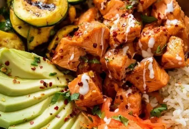 Spicy Honey Chicken Bowl 2 Spicy Honey Chicken Bowl with vibrant vegetables and rice.
