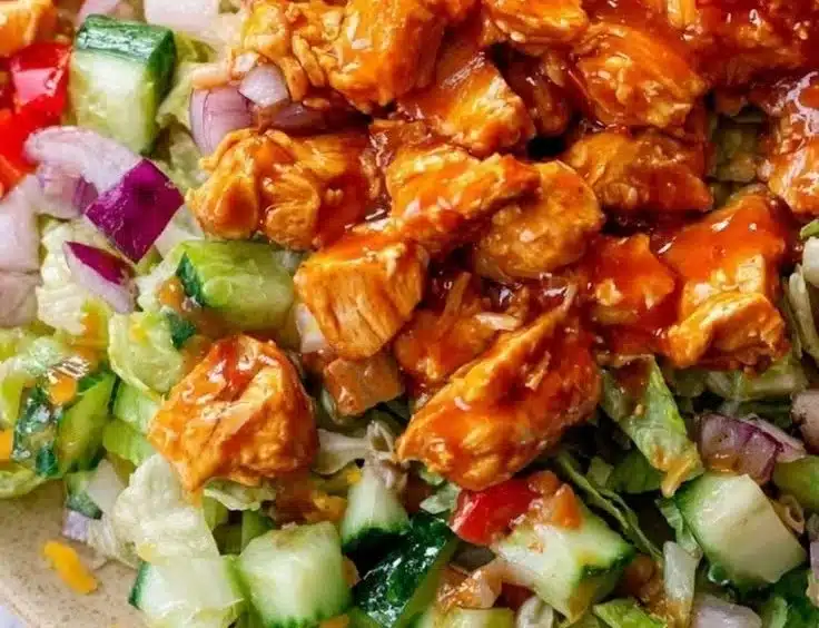 Spicy Honey Chicken Salad Recipe 3 Spicy honey chicken salad served in a bowl with fresh greens and toppings.