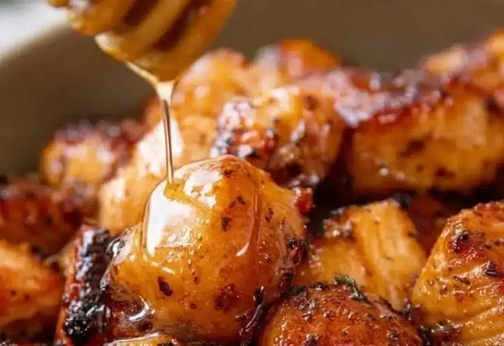 Spicy Honey Salmon Bites 2 Spicy honey salmon bites served on a plate with garnishes