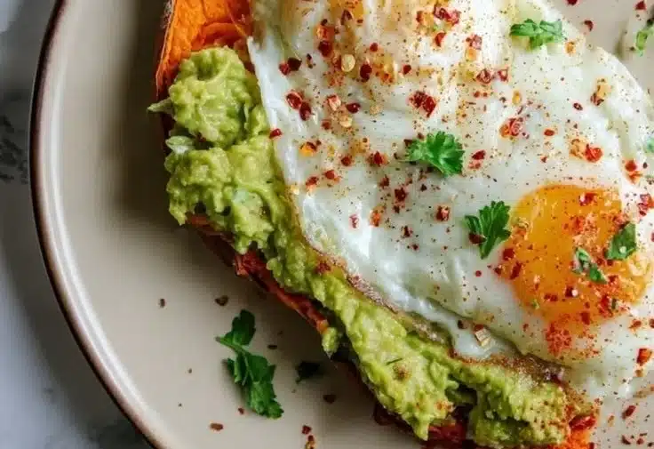 Sweet Potato Toast with Avocado and Egg for Brunch 2 Sweet potato toast with avocado and egg served on a plate for brunch